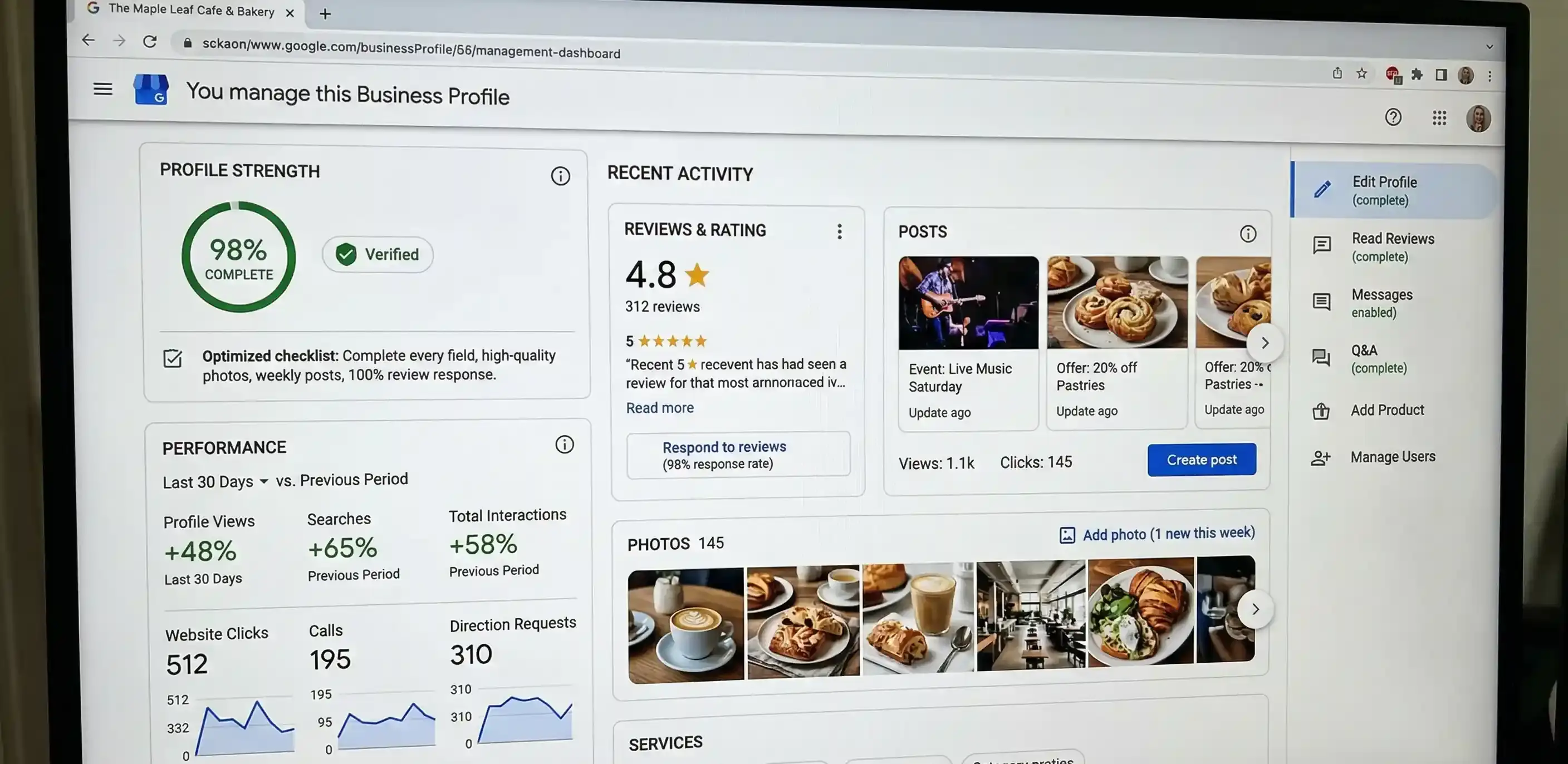 Google Business Profile dashboard showing a fully optimized local business listing