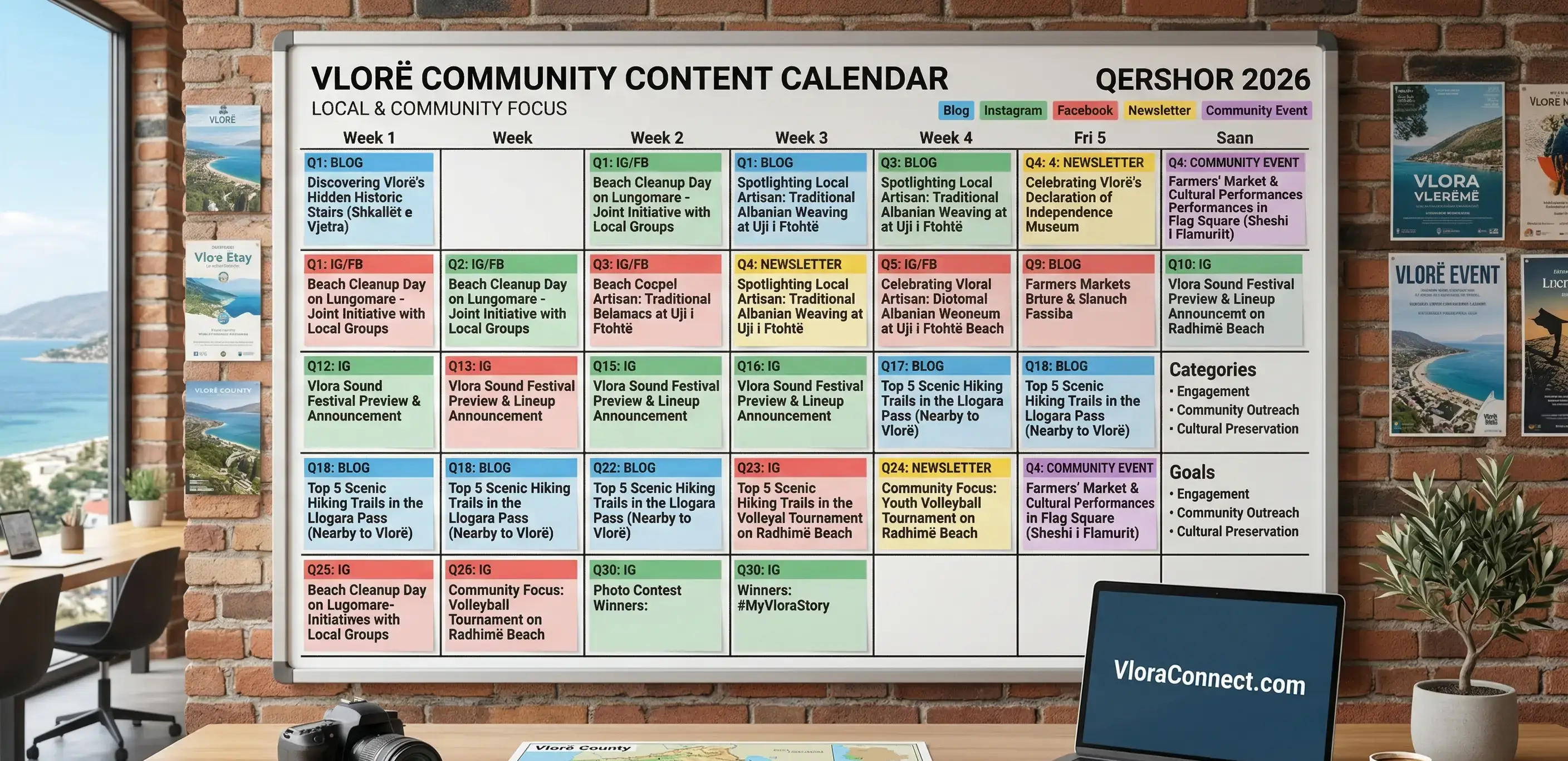 Content calendar with local blog topics and community-focused content ideas