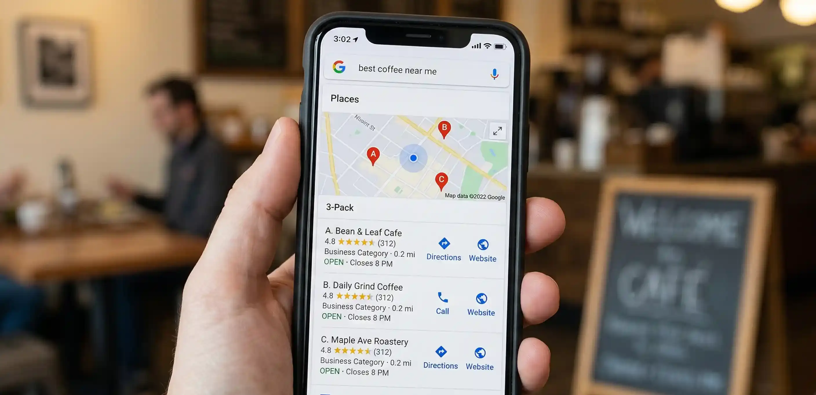 Local search results showing Google Maps pack and AI-powered local recommendations
