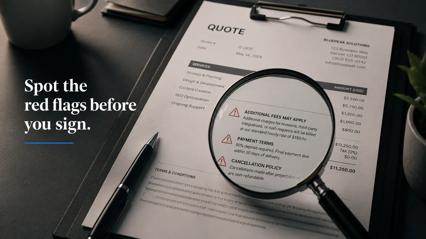 Magnifying glass over a website quote highlighting hidden-fee red flags before signing