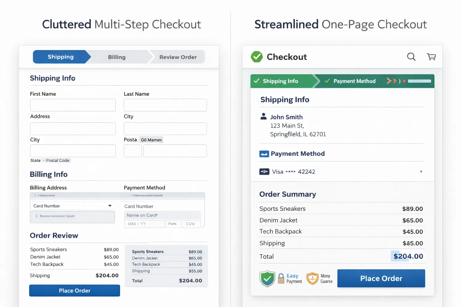 Checkout optimization showing simplified payment flow