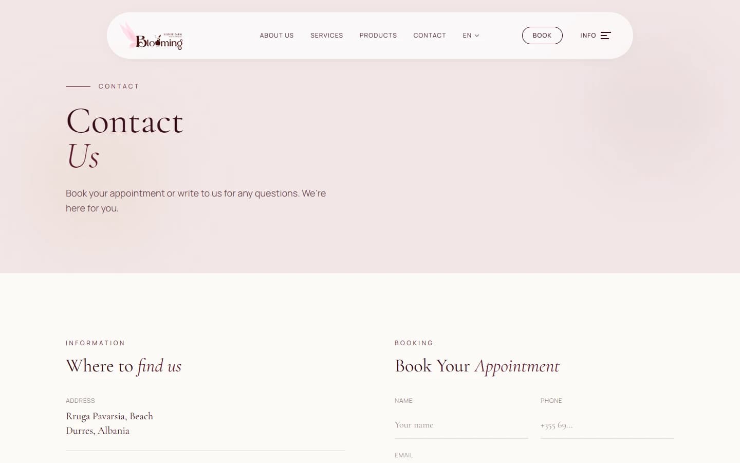 Blooming Aesthetic contact page